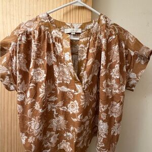 LOFT Tan and White Floral Blouse